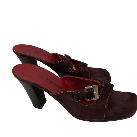 YSL Brown Suede Vintage Square Toe Buckle Sandal Heel Pump - Picture 1 of 13